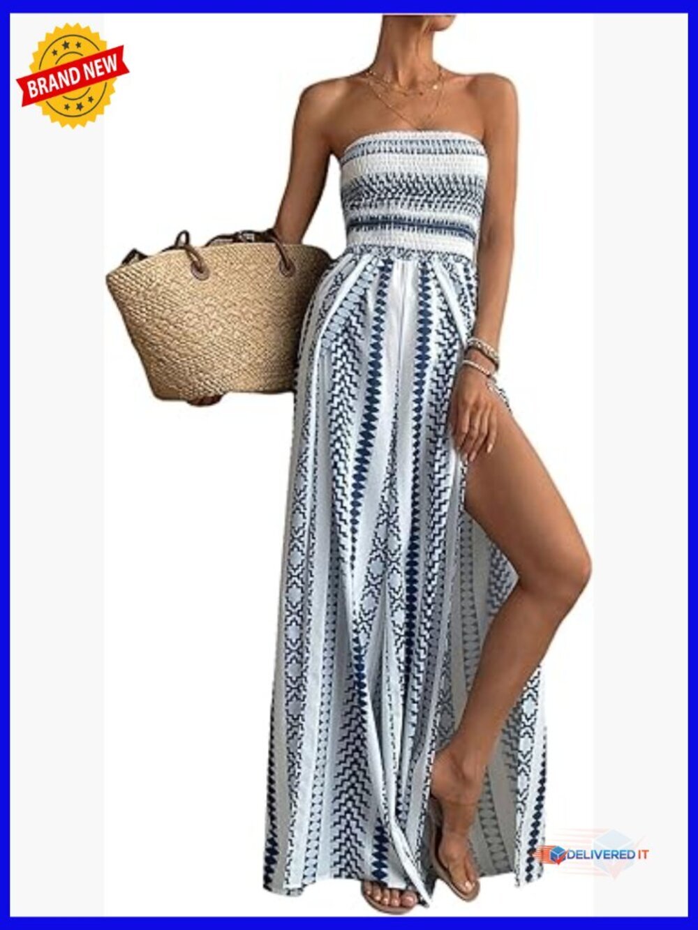 Boho Printed Tube Top Romper Strapless High Split Wide Leg Vacation Jumpsuit